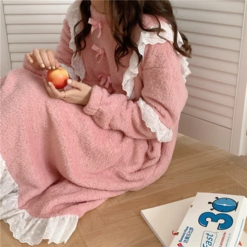 Rudenį, žiemą šilta, aksominė suknelė sleepwear mielos moterys pižamą tirštėti ilgomis rankovėmis peteliškę nėrinių korėja nightdress homewear Y163