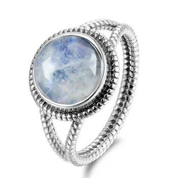 S925 Sterlingas Sidabro Žiedai 10MM Apvali Moterų Natūralus mėnulio akmuo Vestuvių Papuošalai Tuščiaviduriai Dizaino, Mados Žiedas Didmeninė Jewelri