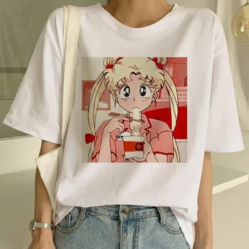 Sailor Moon Vasarą Naujas Mados Marškinėliai Moterims Harajuku Trumpas Rankovės Įdomus Ulzzang T-Shirt Cute Kačių Marškinėlius Animacinių Filmų Top Tees Moteris