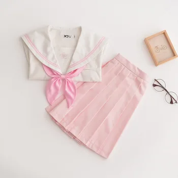 Sakura Mokyklos Suknelė Lolita Vasaros Rožinės spalvos sijonas JK Japonų Mokyklos Uniformas, Viršuje+Sijonas+Kaklaraištis Paauglių Mergaičių Anime Cosplay Jūrininkas Kostiumai