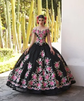 Saldus 16 Black Quinceanera Suknelės su Gėlių Aplikacijos nuo Peties vestido de 15 anos Kamuolys Suknelė Prom Dress