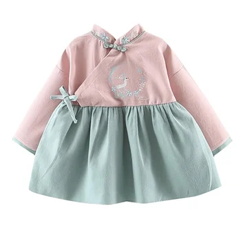 Saldus Mielas Kinų Stiliaus Susiuvimo Dizaino Baby Girl Dress Hanfu Juostelės Apdaila Mergina Dress 0-3Y Naujagimiui Mergina Drabužiai