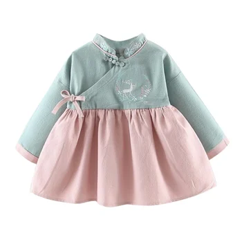 Saldus Mielas Kinų Stiliaus Susiuvimo Dizaino Baby Girl Dress Hanfu Juostelės Apdaila Mergina Dress 0-3Y Naujagimiui Mergina Drabužiai