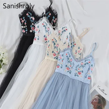 Sanishroly Moteris Ilgai Nėrinių Suknelė Vasarą V-Kaklo Gėlių Siuvinėjimo Tinklelio, Suknelės Lady Rankovių Spageti Dirželis Suknelė Vestidos 595
