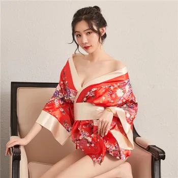 Seksualus Japonijos Vienodas Moteris, Sijonai, apatinis Trikotažas Nustatyti Lytį Vienas Dydis su Diržo G-string Gėlių Trumpas Chalatas Kimono Chalatas, Naktiniai Chalatas