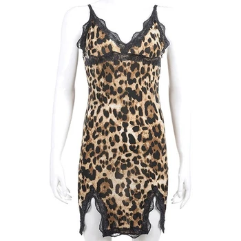 Seksualus Leopard Diržas Moterų Pižama Suknelė Pavasario Vasaros Nėriniai Lacework Ponios Mini Suknelė Nightdress Club Stilius V-kaklo Moterų Pajama