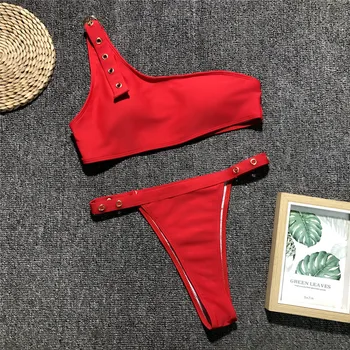 Seksualus Raudonas Bikini 2021 Aukšto Juosmens Supjaustyti Swimsuit Moterys Push Up Maudymosi Kostiumėliai, Vasaros Paplūdimio Kietas Vieną Petį Bikini Maudymosi Kostiumas