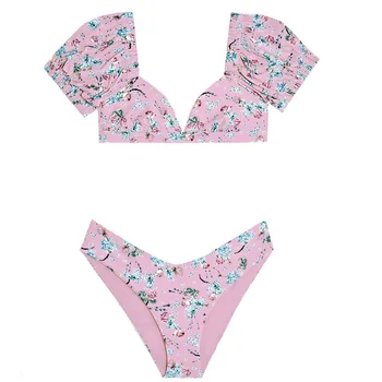 Seksualus Retro Pink Gėlių Trumpas Sluoksniuotos Rankovėmis Push Up Bikinis 2021 Aukštos Sumažinti Maudymosi Kostiumėlis Moterims Maudymosi Kostiumėliai Paplūdimio Drabužiai Plaukti Maudymosi Kostiumas