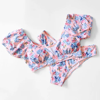 Seksualus Retro Pink Gėlių Trumpas Sluoksniuotos Rankovėmis Push Up Bikinis 2021 Aukštos Sumažinti Maudymosi Kostiumėlis Moterims Maudymosi Kostiumėliai Paplūdimio Drabužiai Plaukti Maudymosi Kostiumas