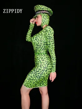 Seksualus Žalia Leopard Spandex Ruožas Suknelė Šalies Moterų Dainininkas Klubą, Šokių Aprangą vientisas Liesas Suknelė