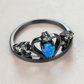 Senovinių Moterų Blue Opal Akmens Žiedas, Žavesio 14KT Juodojo Aukso Plonas Vestuviniai Žiedai, Moterų, Prabangos Nuotaka Tuščiaviduriai Karūna Vestuvinis Žiedas