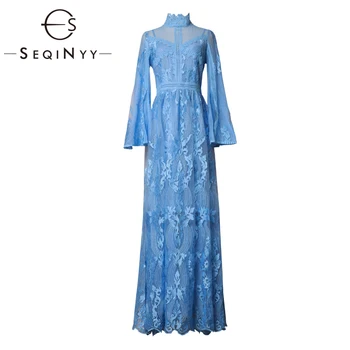 SEQINYY Elegantiškas Maxi Suknelė 2020 M. Ankstyvą Pavasarį, Naujų Mados Dizaino Moterų Blyksnius Rankovės Siuvinėjimas, Gėlių Nėrinių Aukštos Kokybės Suknelė