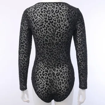 Sexy Moteris Bodysuit Ilgomis Rankovėmis Leopard Ruožas Leotard Viršų