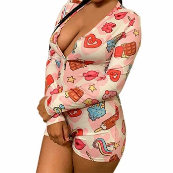 Sexy Moteris Giliai V-kaklo Bodycon Sleepwear Jumpsuit Bodysuit Šortai Romper Bodysuit Leotard ilgomis Rankovėmis Spausdinti Mygtuką Bodysuit Naujas