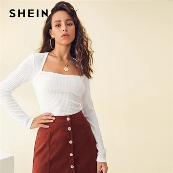 SHEIN Balta Kvadratinių Kaklo Šonkauliu-megzti Pasėlių Viršuje Moterų Tees 2020 M. Rudenį ilgomis Rankovėmis Kietas Slim Įrengtas Elegantiškas marškinėliai