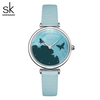 Shengke Šviesiai Mėlynos Moterų Žiūrėti Romantišką Kaimo Dial Odos Watchband Lady Kvarcinis Laikrodis Atsitiktinis Vandeniui Laikrodis Montre Femme