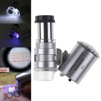 Sidabro Nešiojamas Mini Mikroskopą Loupes Optinis Objektyvas Įrankiai LED Papuošalai 60X Didinimas Kišenėje Stiklo didinamasis stiklas Turi LED Šviesos