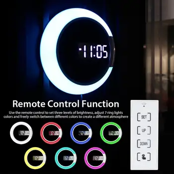 Sieninis Laikrodis LED Veidrodis Daugiafunkcinis Šviesos Žadintuvas Su Temperatūros Ekranas Žiedo Formos Apdailos Laikrodis