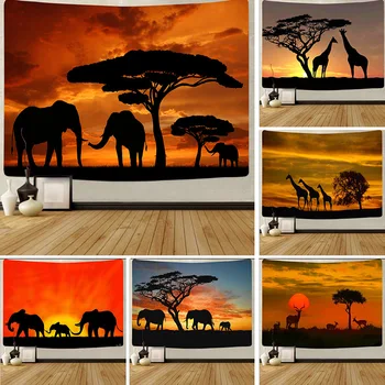 Sienos gobelenas Afrikos pievų saulėlydžio peizažas kabinti medžiaga Dramblys gyvūnų fone audinio Miegamasis apdaila sienų medžiaga