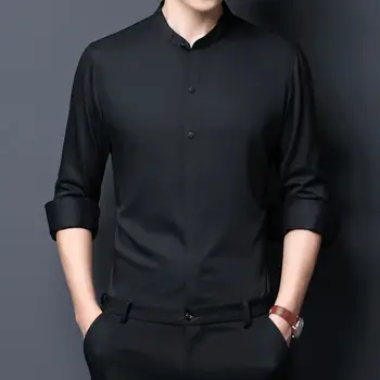 Silk Shirt Mens Socialinės Elegantiškas Mandarinų Apykaklės Džentelmenas Drabužius Mens Office Dėvėti Negabaritinių Žalia Palaidinė Paprasto Bordo Spalvos Marškinėliai Mėlynos
