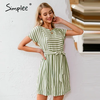 Simplee Dryžuotas moterų suknelė Atsitiktinis mygtukai dirželis trumpų rankovių vasaros suknelė Streetwear ponios, o kaklo linija atostogų suknelė 2020 m.
