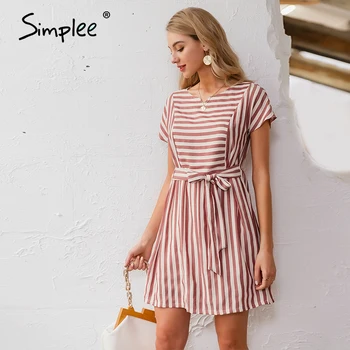 Simplee Dryžuotas moterų suknelė Atsitiktinis mygtukai dirželis trumpų rankovių vasaros suknelė Streetwear ponios, o kaklo linija atostogų suknelė 2020 m.