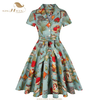 SISHION trumpomis Rankovėmis Plius Dydis Sūpynės Retro Rockabilly Vintage Suknelė SD0002 Žalia Gėlių Spausdinti Linijos Medvilnės Moterų Vasaros Suknelė