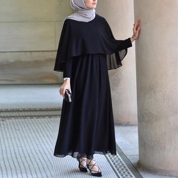 Siskakia Apsiaustu ir Ilga Suknelė Kietas O Kaklo, ilgomis Rankovėmis Musulmonų Moterų Vasaros Suknelės Elegantiška Juoda Šalies Drabužių Eid Ramadanas Nešioja