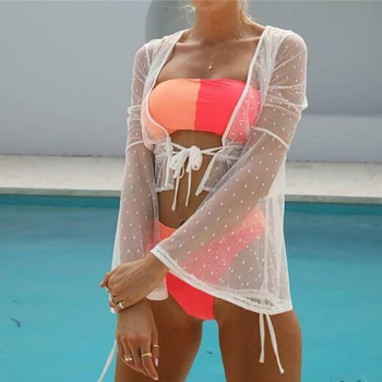 Skaidrus bikini 2020 Seksualus paplūdimio drabužiai ilgomis rankovėmis Voratinkliai maudymosi kostiumėlį moteris danga-ups String tvarstis beach top Plius dydis XL nauja