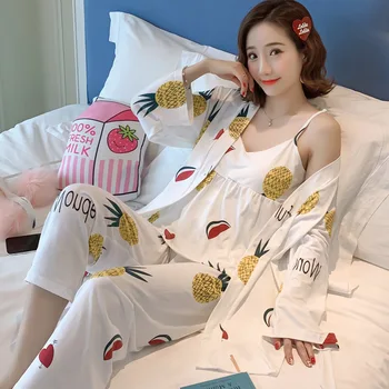 SLPBELY Naujas 3 VNT Moterų Pižama Rinkinius, Kelnės Sexy Pyjama Satino Gėlių Spausdinti naktiniai drabužiai Šilko moteriškas chalatas Sleepwear Pyjama