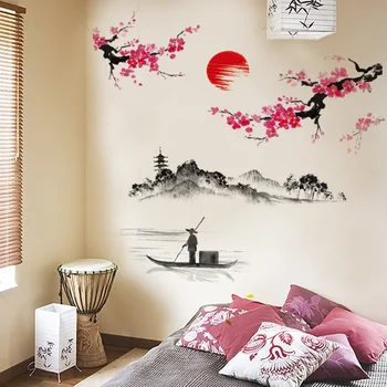 Slyvų Saulėtekio kraštovaizdžio Kinų stiliaus menas, Sienų Lipdukai Gyvenimo kambario, Miegamasis fone, namų apdaila, Sienų Lipdukai, tapetai
