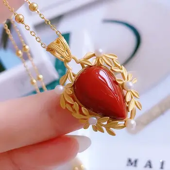 SNew sidabro inkrustacijos lašo formos gamtos pietų raudonas agatas Kinų stiliaus retro žavesio šviesos prabanga žavus pakabukas perlų vėrinį