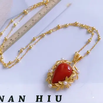 SNew sidabro inkrustacijos lašo formos gamtos pietų raudonas agatas Kinų stiliaus retro žavesio šviesos prabanga žavus pakabukas perlų vėrinį