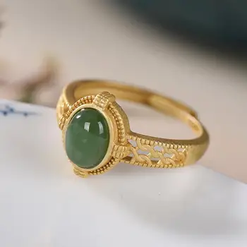 SNew sidabro natūralus jaspis, ovalo formos žiedas šviesos prabanga hollowing procesas aukso kilnus Kinijos retro stiliaus moterų prekės papuošalai