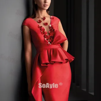 SoAyle vakarinę Suknelę 2020 M Pločio V-iškirpte 3d Gėlės Pieštuku Kokteilis Suknelė Nesimetriškas Peplum Raudona Satino Krikštamotė Suknelė