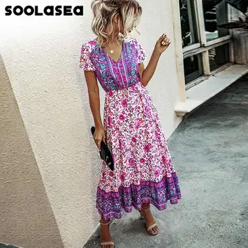 Soolasea 2020 metų vasaros Hipių Derliaus Gėlių Maxi Suknelės, Elegantiški Paplūdimio Varčios Sexy V Kaklo Spausdinimo Ilgai Boho Suknelė Moterims Vestidos