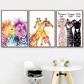 Spalvinga Gyvūnų, Animacinių Filmų Žirafa Šiaurės Plakatas Darželio Katė Sienos Nuotraukas Kambarį Namo Sienos Meno Tapybos Drobės Neįrėminti