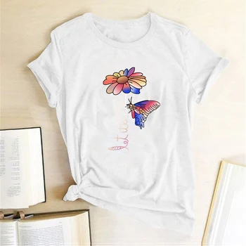 Spalvinga Gėlės Drugelis Spausdinimo T-marškinėliai Moterims Vasaros Grafinis Tees Estetinės Moteris Tshirts Medvilnės O Kaklo Ponios Viršūnes Femme