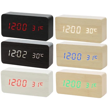 Spalvotų Garso Valdymo Mediniai Medienos Aikštėje LED Laikrodis-Žadintuvas Darbalaukio Lentelė Skaitmeninis Termometras Medienos USB/AAA Data Ekranas