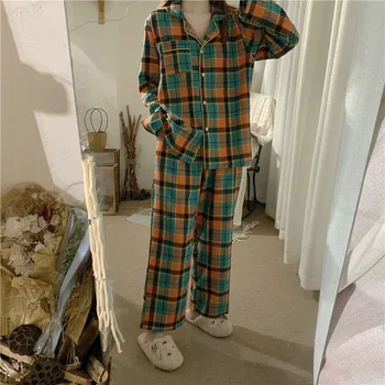 Spalvotų pledas pižama rinkiniai moterims pasukite žemyn apykaklės pyjama pavasarį, rudenį, moterų Ilgas Rankovėmis pižamos homewear sleepwear L030