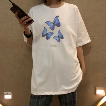 Spausdinti Butterfly Marškinėliai Moterims Prarasti Causla Trumpas Rankovėmis Marškinėliai Moteriška Korėjos Mados Dugno Marškinėliai Viršuje Vasaros Tees O-Kaklo
