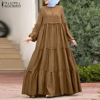 Stilingas Musulmonų Pynimas Suknelė Moterų Rudenį Sundress ZANZEA 2021 Atsitiktinis Kratinys Sluoksniuotos Rankovėmis Maxi Vestidos Moterų Mygtuką Skraiste