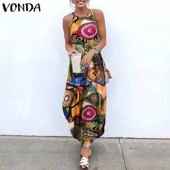 Stilingas Summer Maxi Dress Moterų Spausdinti Sundress VONDA 2021 Nesimetriškas Apynasrio Suknelės Vestidos Padalinta Paplūdimio Suknelės Skraiste Femme