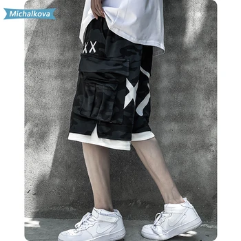 Streetwear kamufliažas Didelis kišenėje spausdinimo Hip-hop High street vyriški drabužiai šortai Tiesios kelnės Karinę uniformą michalkova