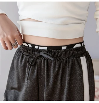 Streetwear Kelnės Moterims 2020 M. Pavasario Vasaros Korėjos Atsitiktinis Kratinys Nėrinių Pusė Dryžuota Poilsiu Sweatpants Juoda Pilka B301