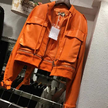 Streetwear Rudenį Naujas Prašmatnus Didelis kišenėje Trumpas Orange Nuimamas hem Užtrauktukas Sujungimas Dirbtiniais PU Odinė striukė Moterims Motociklo striukė