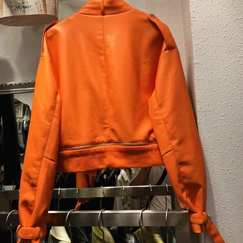 Streetwear Rudenį Naujas Prašmatnus Didelis kišenėje Trumpas Orange Nuimamas hem Užtrauktukas Sujungimas Dirbtiniais PU Odinė striukė Moterims Motociklo striukė