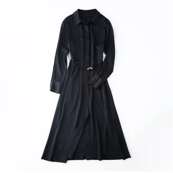 Suknelė Moterims, 93% Sunkiųjų Šilko Elegantiška Stiliaus Paprastos Konstrukcijos Varčias Ilgomis Rankovėmis, Kuriems Mygtuką Kietas Tipo Audinio Naujas Mados