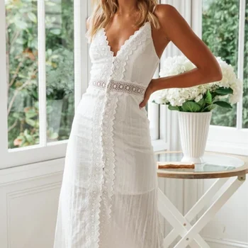 Suknelė Moteris Balta Siuvinėjimo Skraiste Femme Atsitiktinis Spageti Dirželis Suknelė Elegantiškas Drabužius 2020 Seksualus V-kaklo Paplūdimio Vasaros Suknelė Moterims