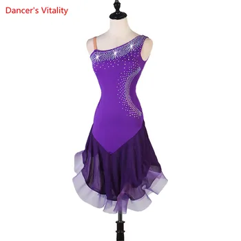 Sukrauti Violetinė Lotynų Suknelė Mergaičių Tinklinio Pramoginiai Lotynų Šokių Drabužiai Vaikams Šalto Pečių Vestido De Baile Latino Pardavimui